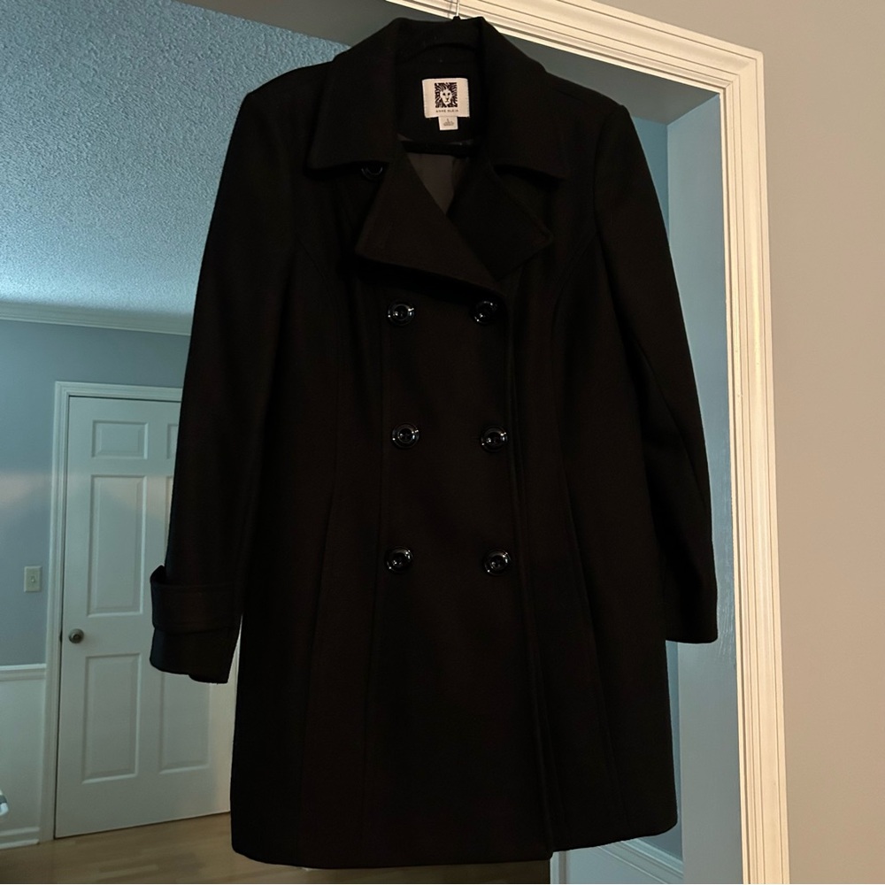 Anne Klein Women’s Mid Length Black Button Up Pea Coat Size Large EUC